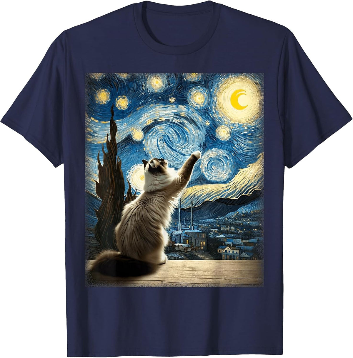 Van Gogh Starry Night Moon Artistic Pet Lover Ragdoll Cat T-Shirt - Navy Blue