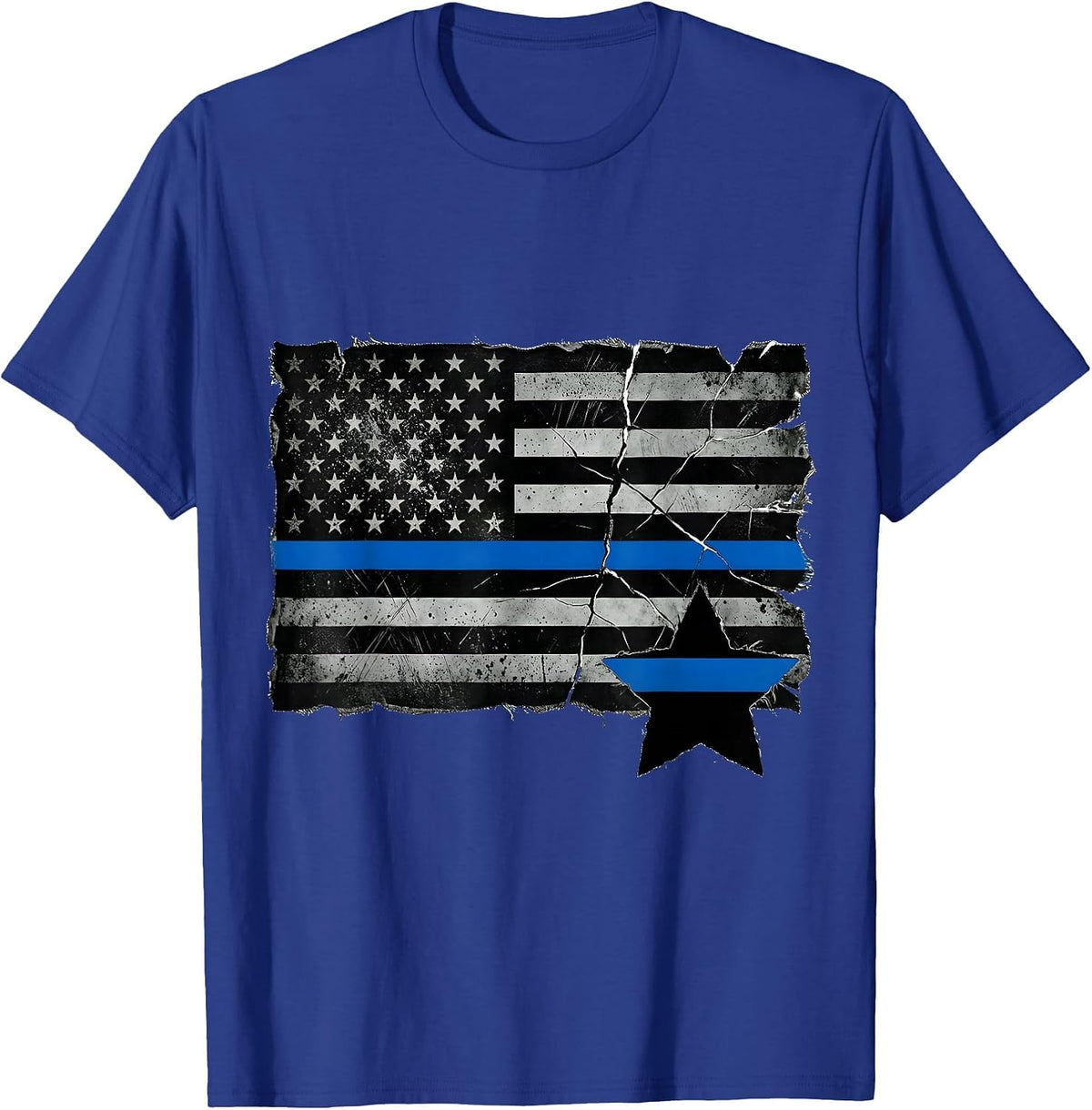 Men's Distressed Thin Blue Line American Flag Police Support T-Shirt - Royal Blue