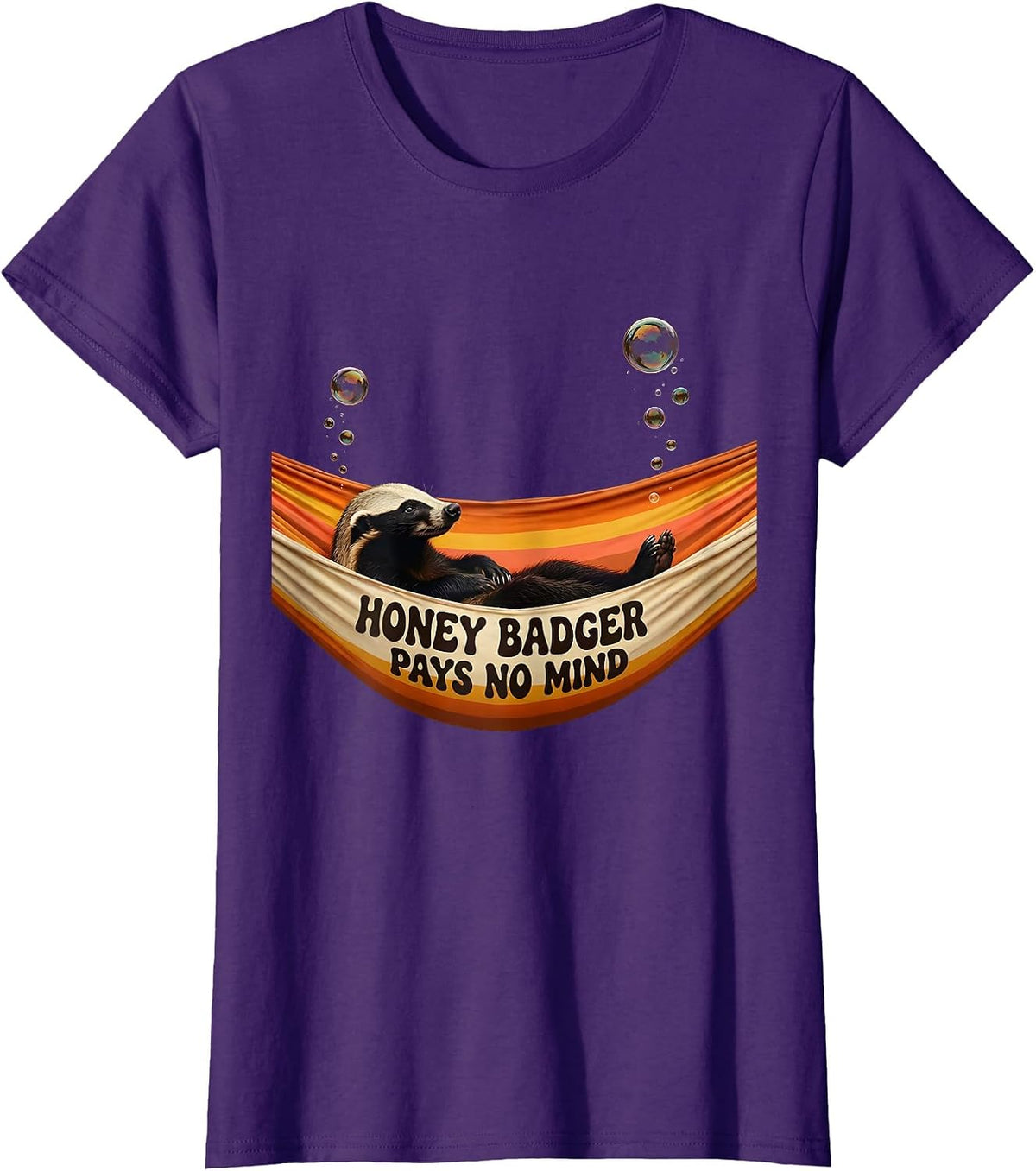 Women's Honey Badger Pays No Mind Funny Animal Humor Retro 70s T-Shirt - Purple