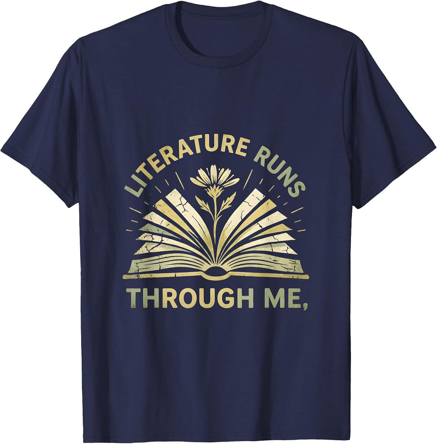 Literature Runs Through Me Book Character Teacher T-Shirt - Navy Blue