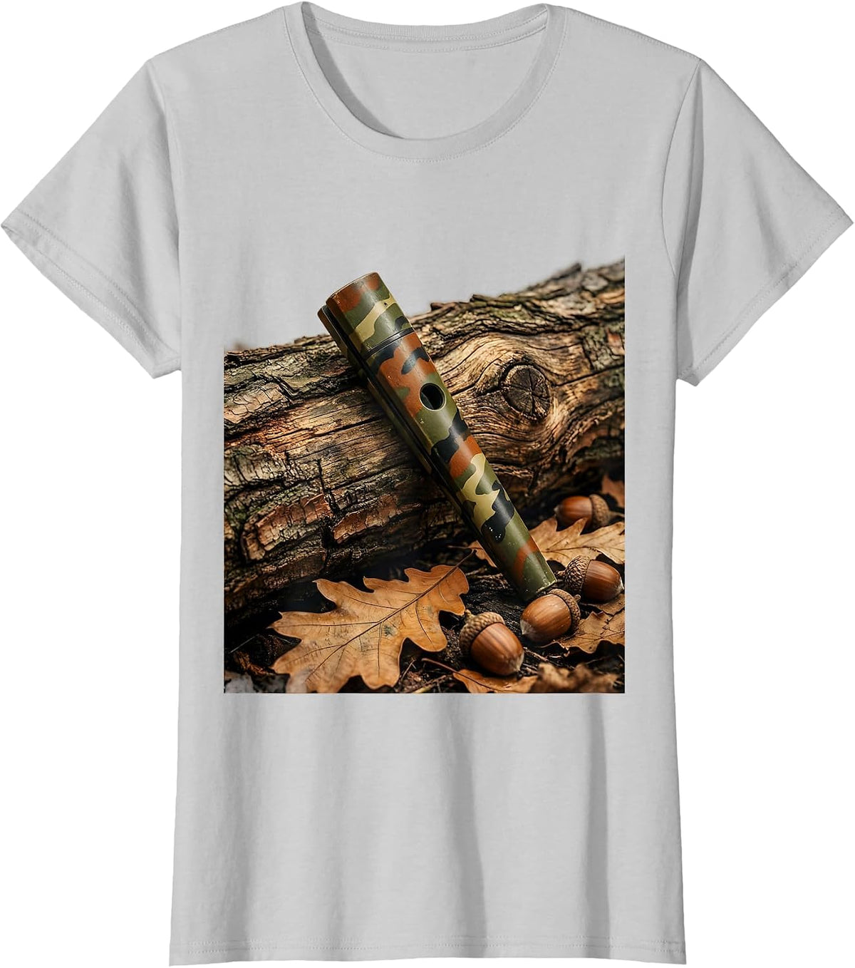 Women's Camo Duck Call on Weathered Log Graphic T-Shirt - Silver Grey