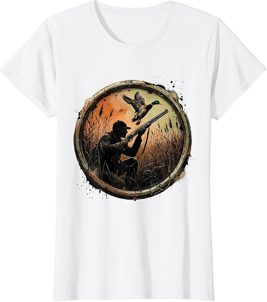 Women's Duck Hunter Rising From Marsh Reeds Graphic T-Shirt - White