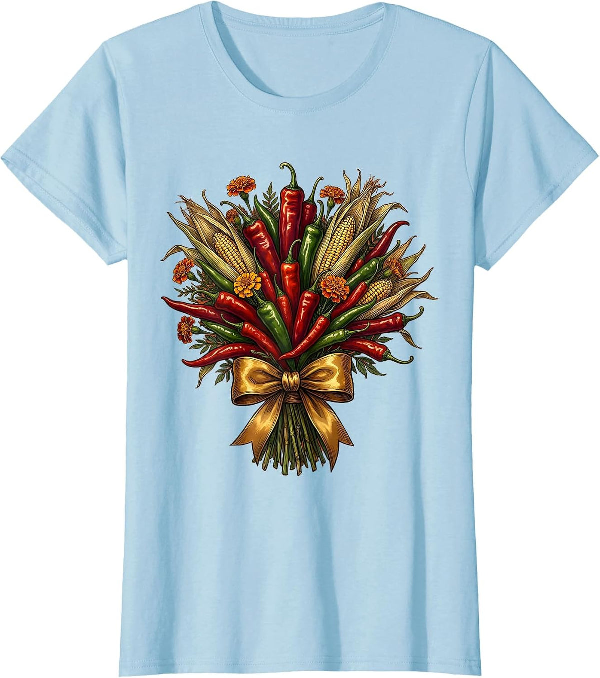 Mexican Chili Pepper Bouquet Ribbon Illustration T-Shirt - Baby Blue