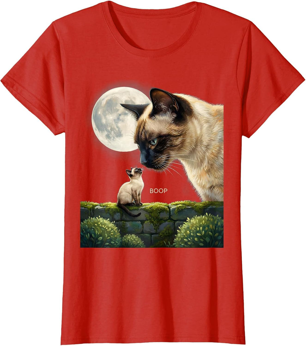 Boop Siamese Cat Howling at Moon Fantasy Nostalgia T-Shirt - Red