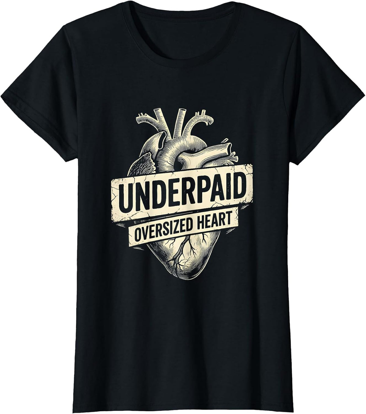 Underpaid Oversized Heart Teacher Women Design T-Shirt - Black