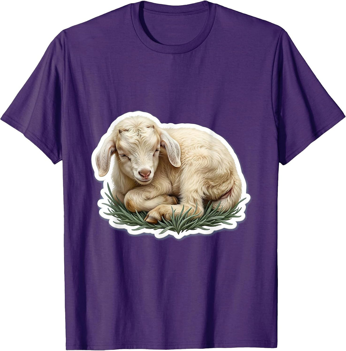Men's Sleeping Baby Goat Curled Up in Grass T-Shirt - Purple