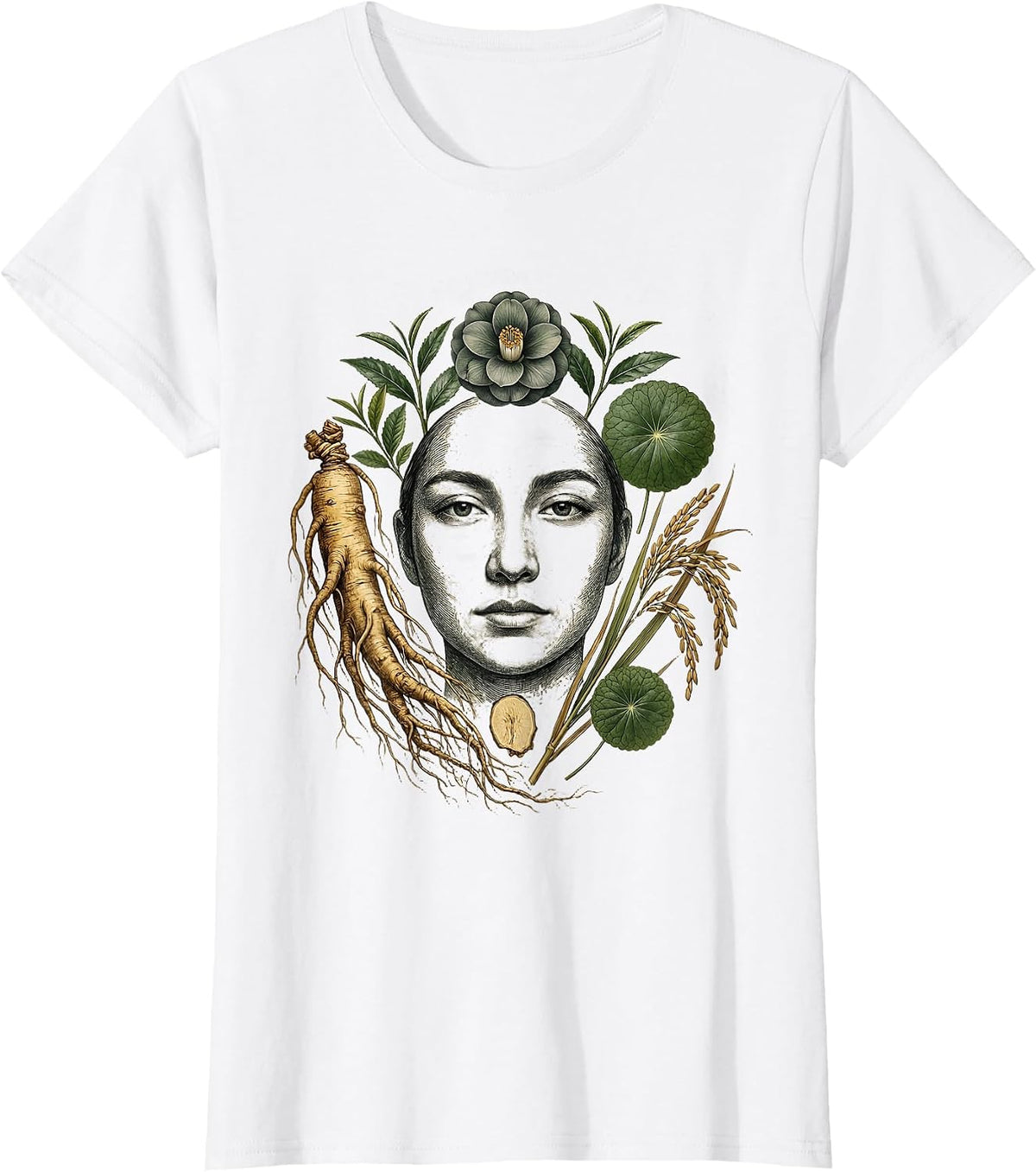 K-Beauty Skincare Herbs Botanical Face Illustration T-Shirt - White