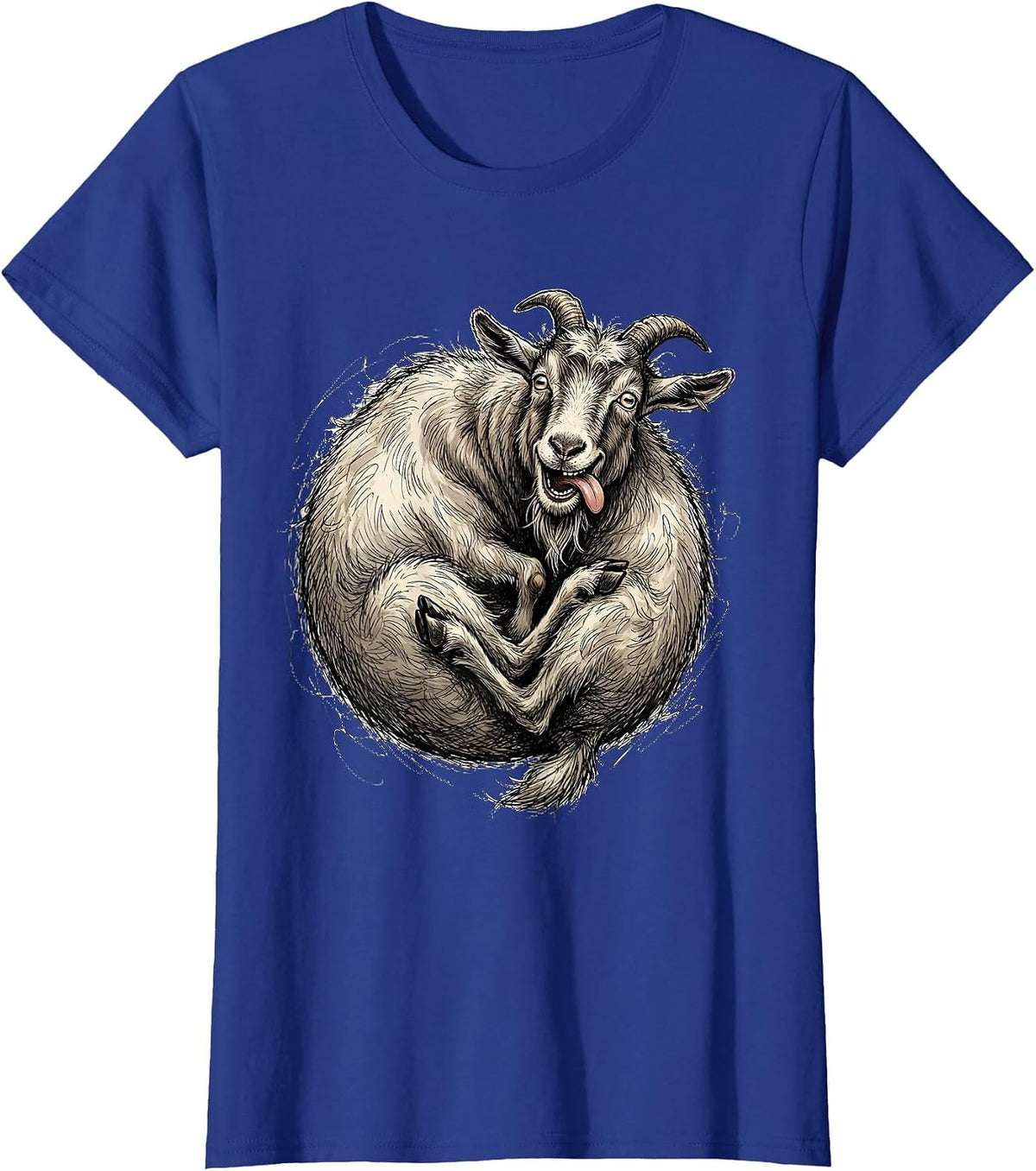 Women's Derpy Goat Eating Its Own Tail Funny Art T-Shirt - Royal Blue
