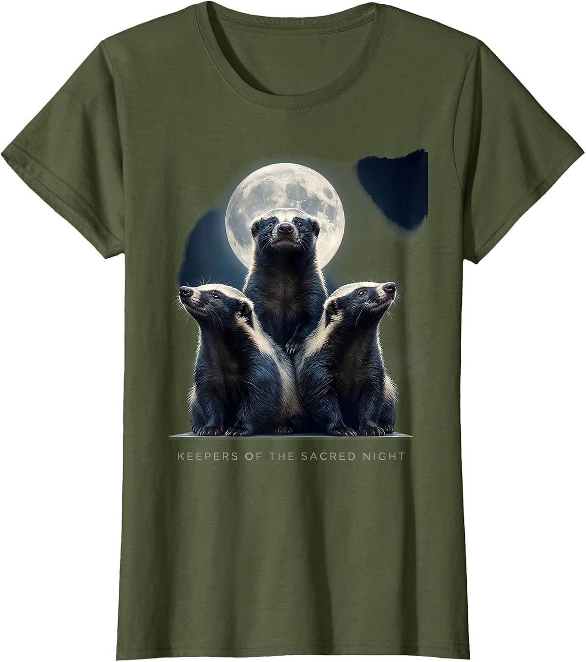 Women's Keepers of the Sacred Night Honey Badger Howling Parody Meme T-Shirt - Olive Green
