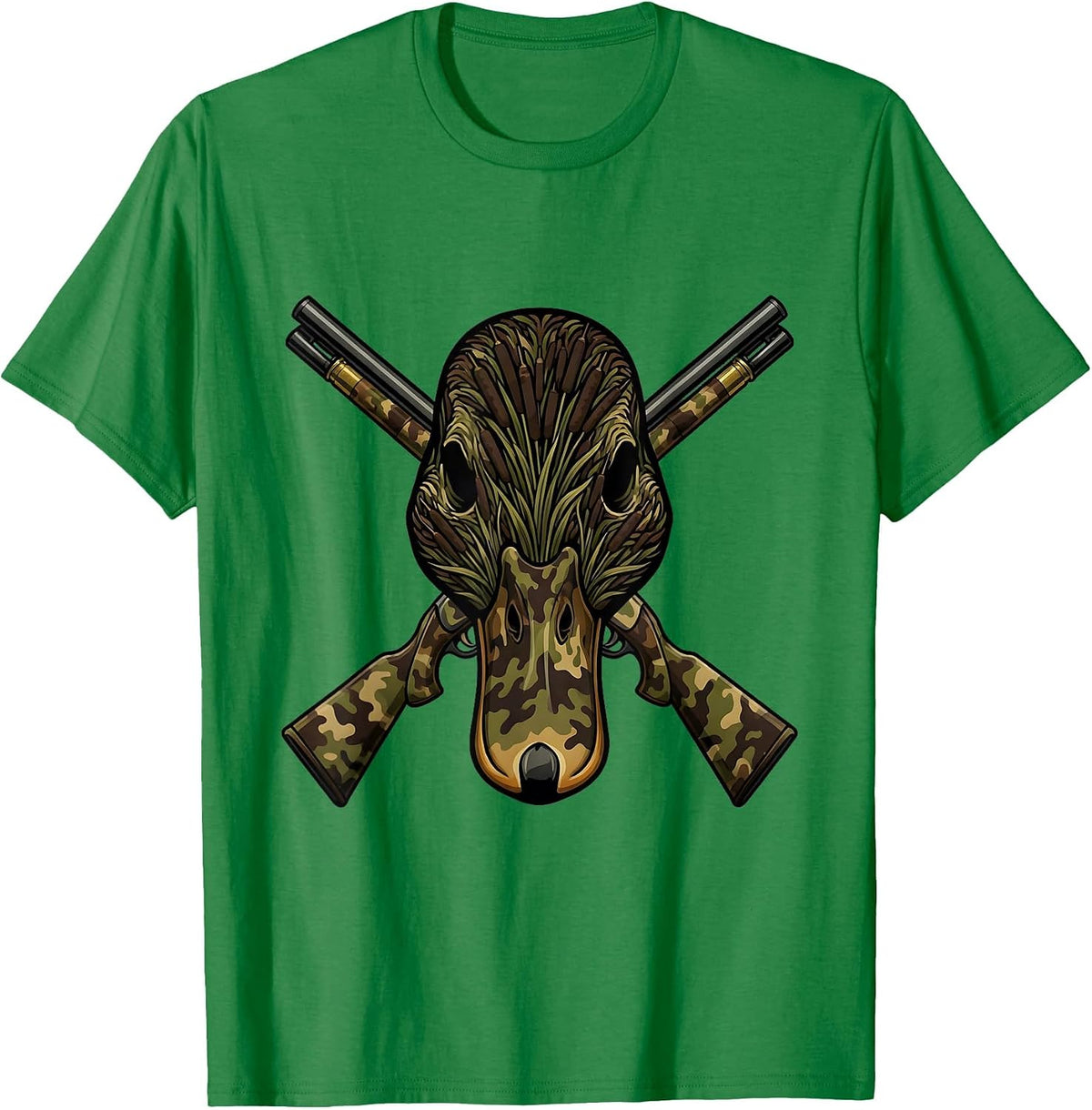 Men's Duck Camo Skull Crossed Shotgun Shells Design T-Shirt - Kelly Green