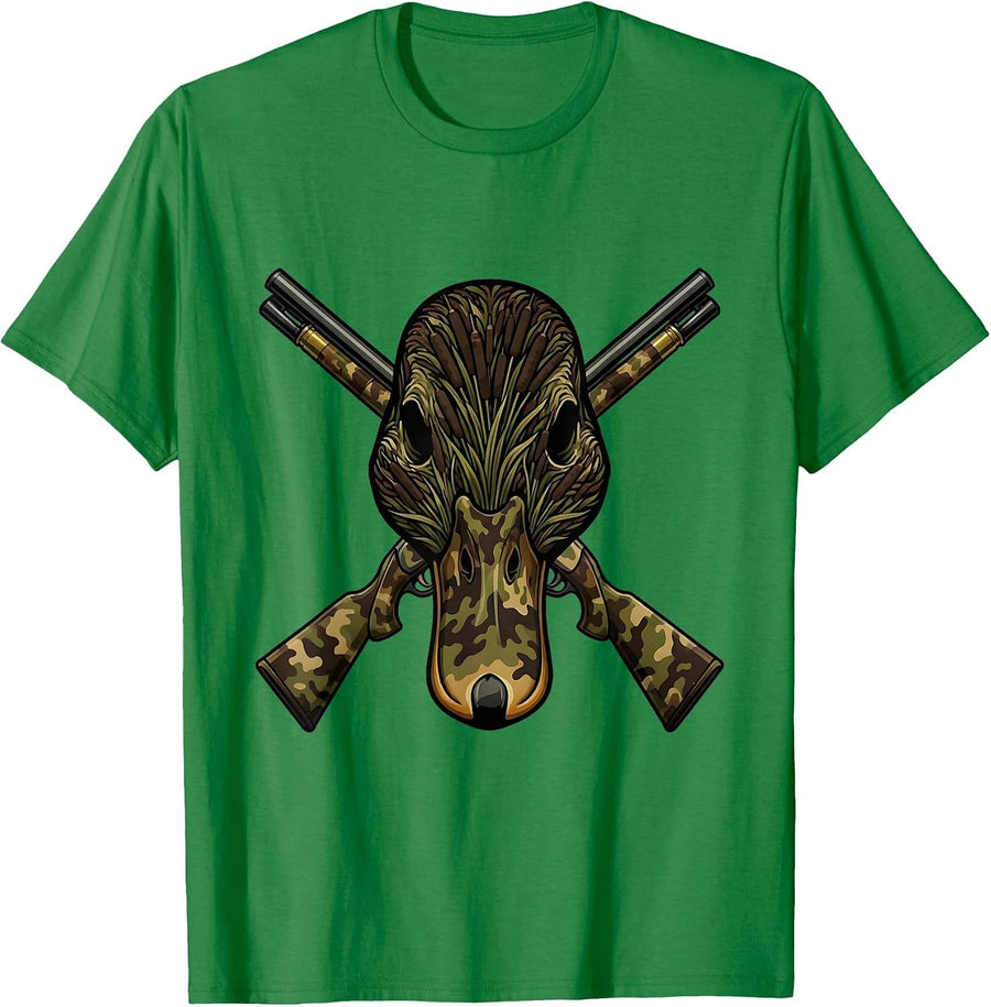 Men's Duck Camo Skull Crossed Shotgun Shells Design T-Shirt - Kelly Green