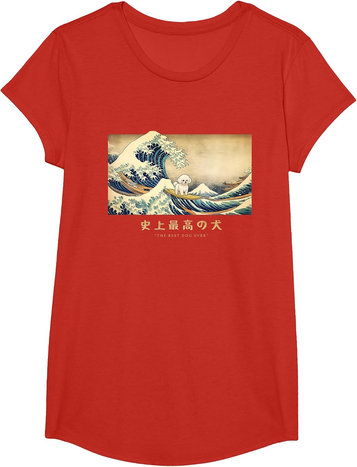 Surfing Bichon Frise Kanagawa Wave Japanese Dog Funny T-Shirt - Girls Red