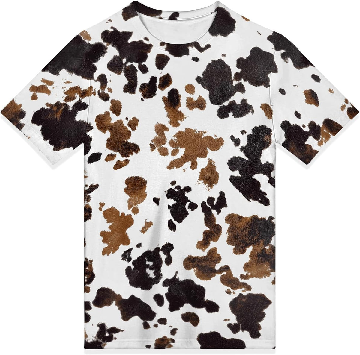 Cow Print Crew Neck Short Sleeve T-Shirt - Brown Cow