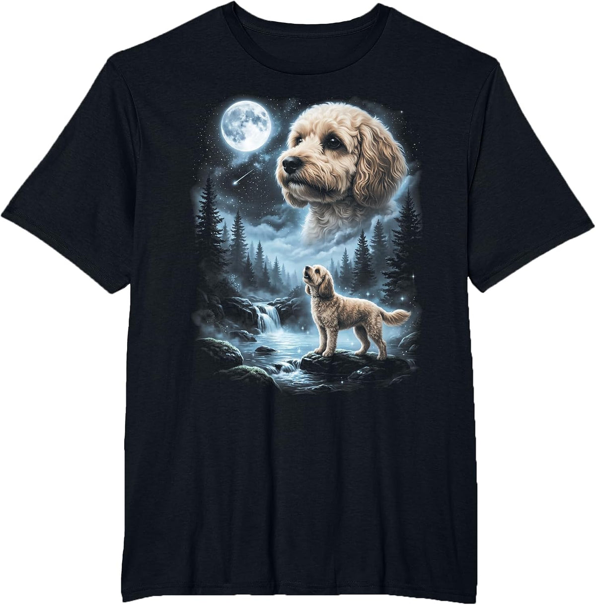 Cavapoo Howling to the Moon Retro 90's Doodle Dog T-Shirt - Black