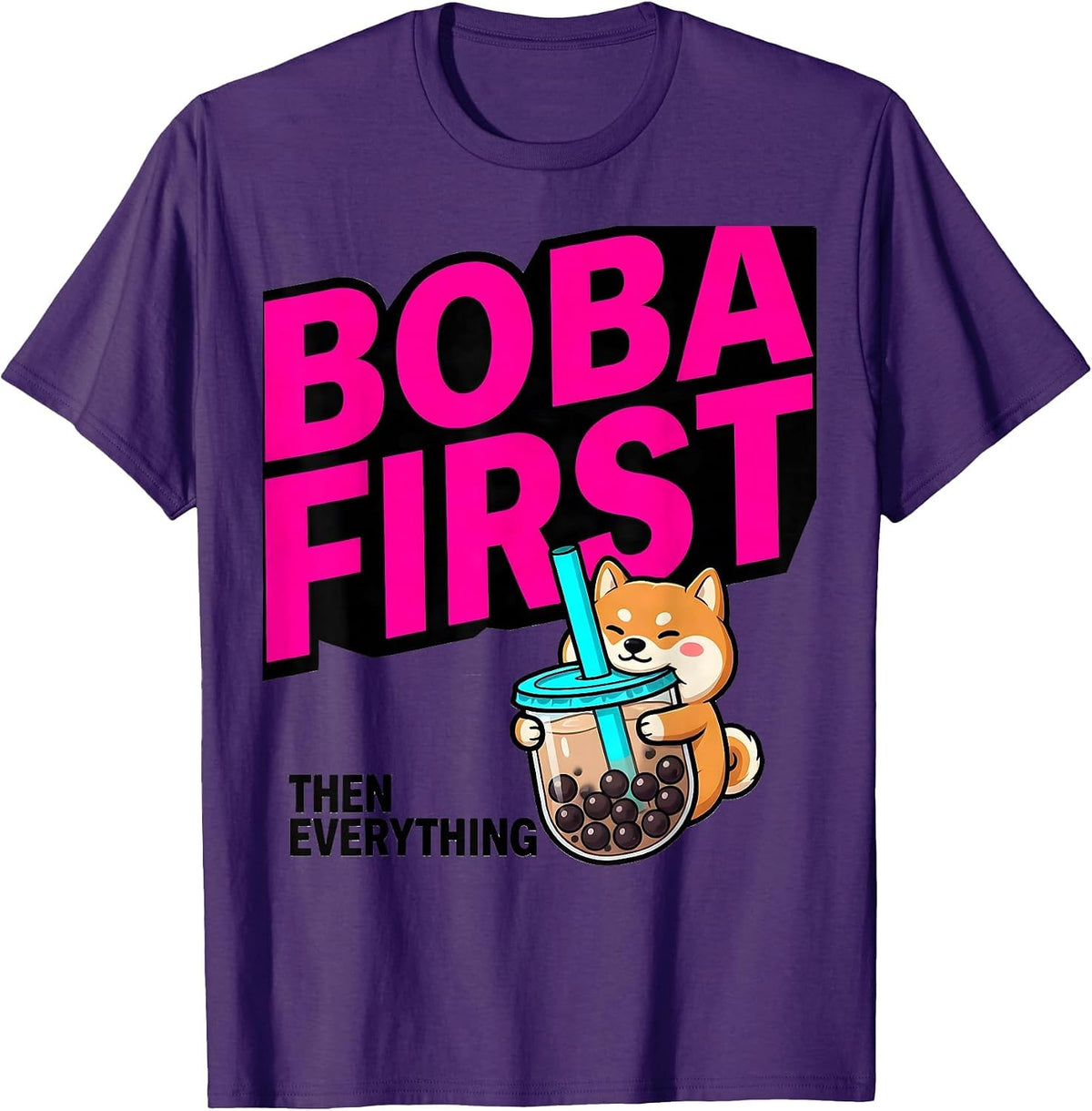 Men's Boba First, Then Everything Cute Kawaii Anime Animal Bubble T-Shirt - Purple