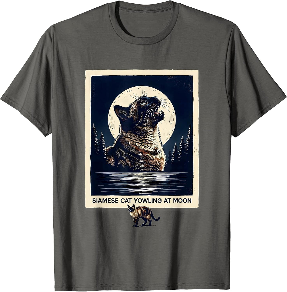 Men's Siamese Cat Yowling at Moon 90's Retro Nature Art T-Shirt - Asphalt Grey