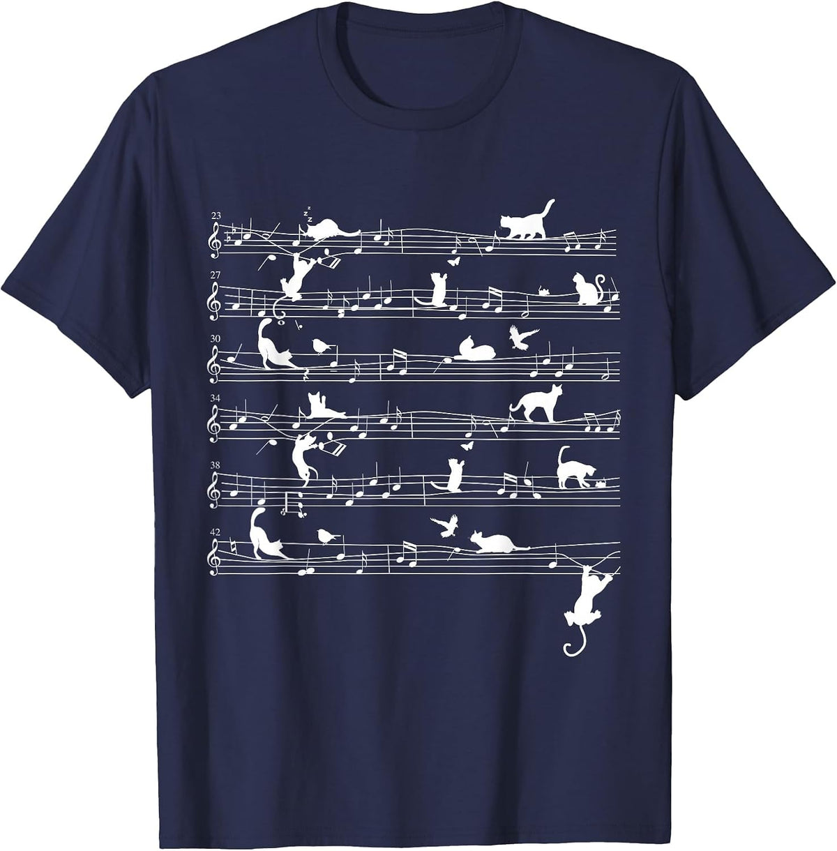 Cute Cat Kitty Playing Music Note Clef Musician Art T-Shirt - Navy Blue