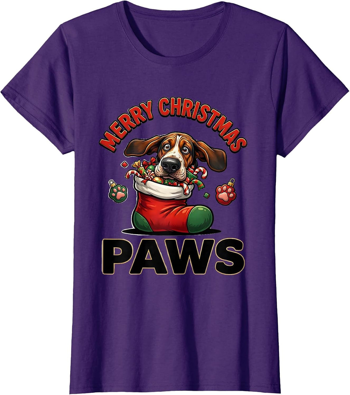 Women's Merry Christmas Paws Cartoon Basset Hound Dog Lover Holiday T-Shirt - Purple