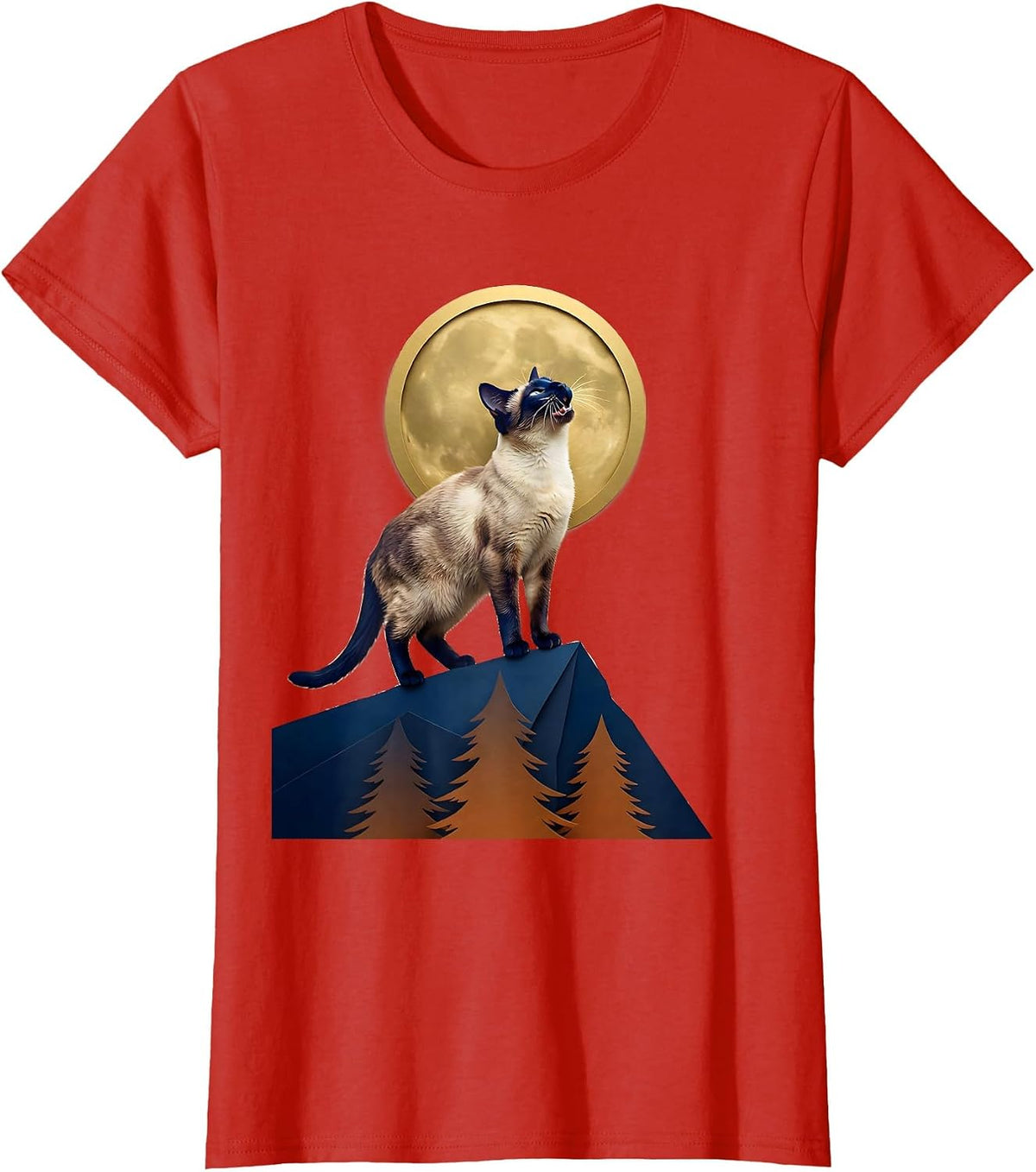 Siamese Cat Howling at Moon Retro Fantasy T-Shirt - Red