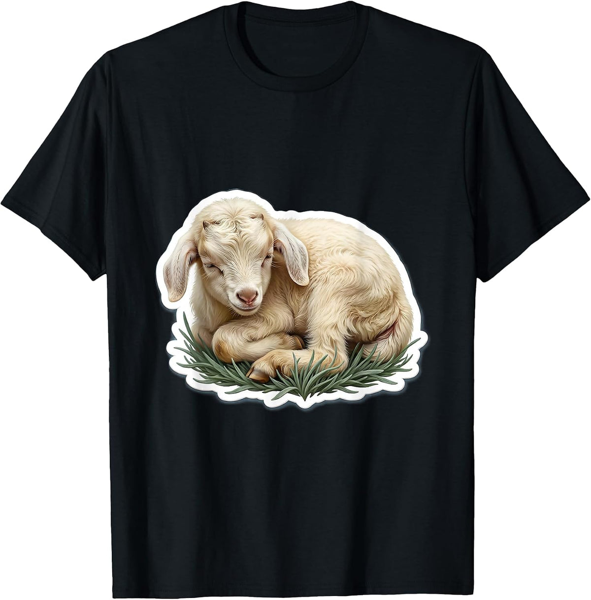 Men's Sleeping Baby Goat Curled Up in Grass T-Shirt - Black