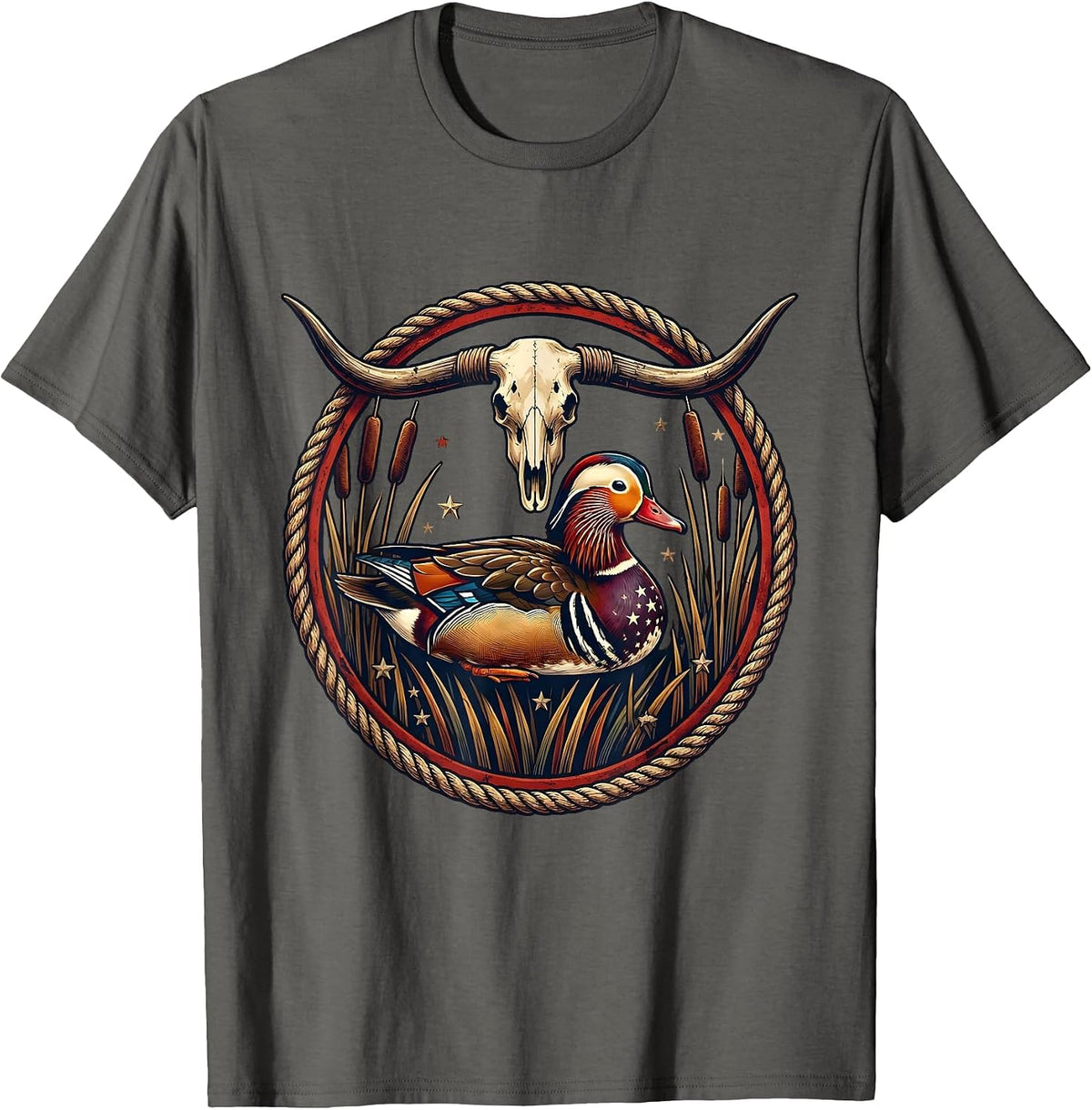 Duck in Reeds Camo Feathers Hunting Illustration T-Shirt - Asphalt Grey
