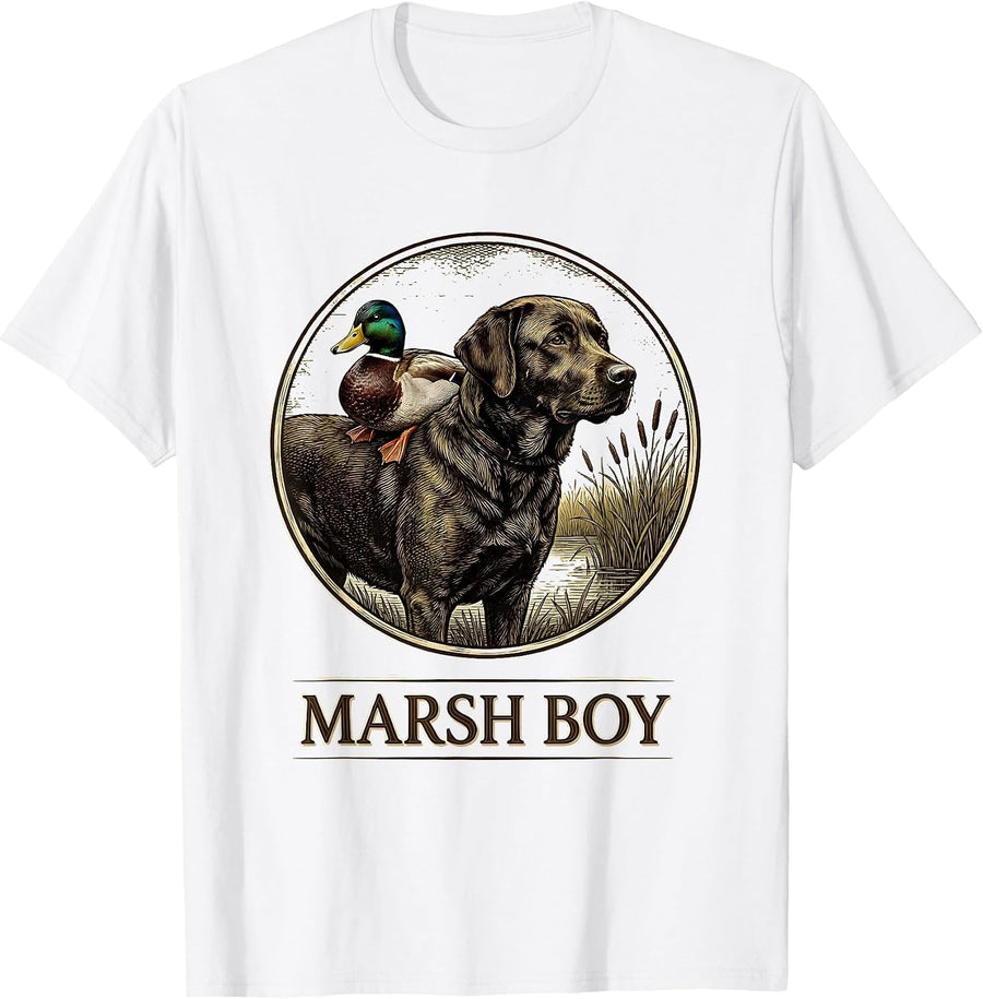 Men's Marsh Boy Vintage Labrador Duck Hunting Rural Heritage T-Shirt - White