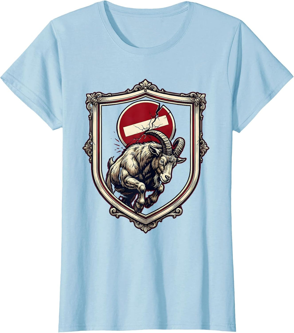 Women's Goat Headbutting No-Entry Sign Graphic T-Shirt - Baby Blue