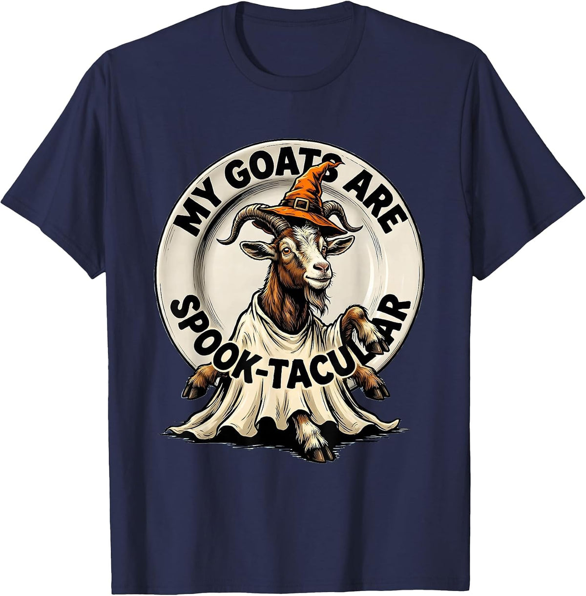 My Goats Are Spook-tacular Cartoon Goat Ghost Halloween T-Shirt - Navy Blue