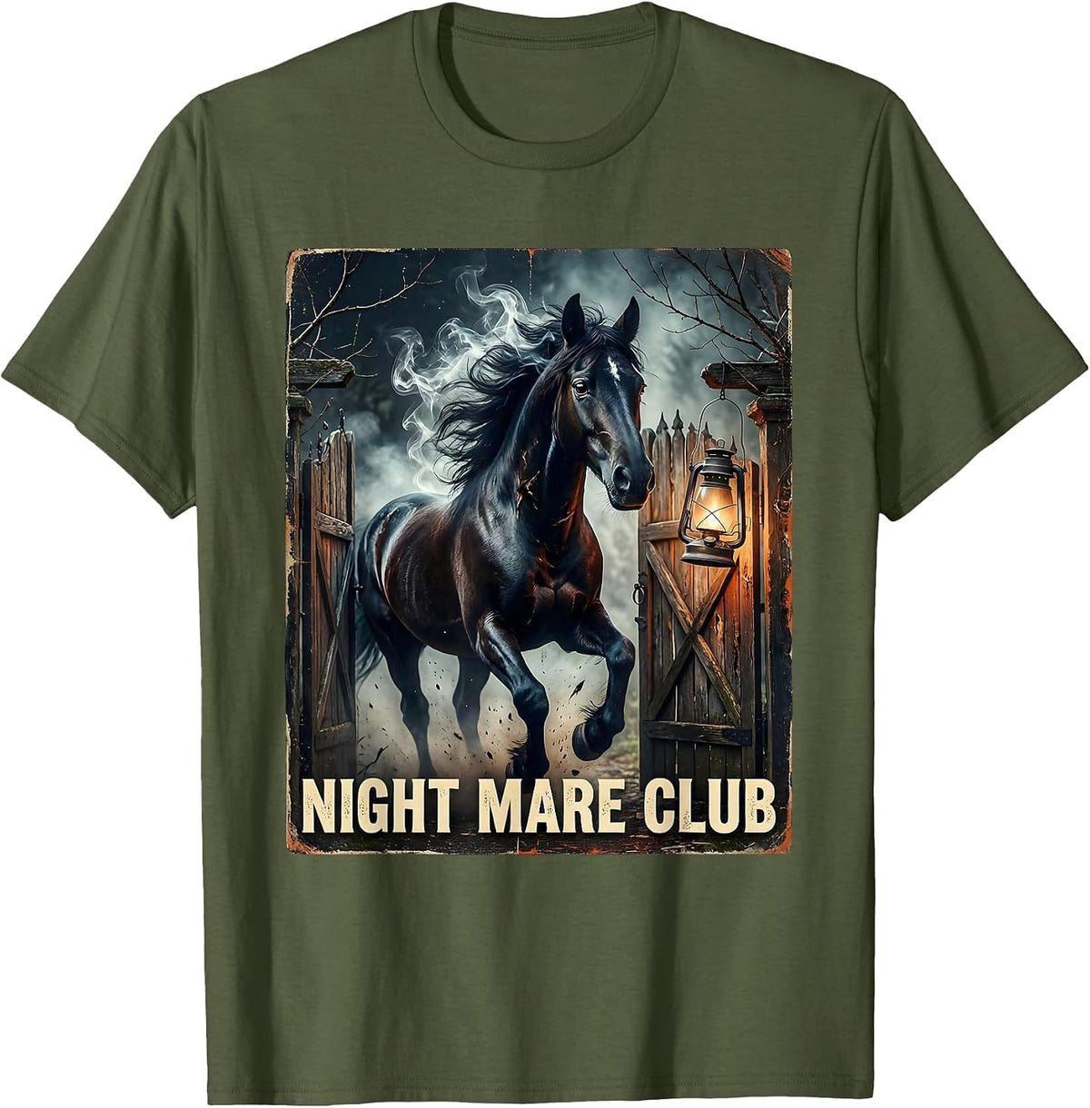 Night Mare Club Vintage Gothic Halloween Horse Lover Humor T-Shirt - Olive Green