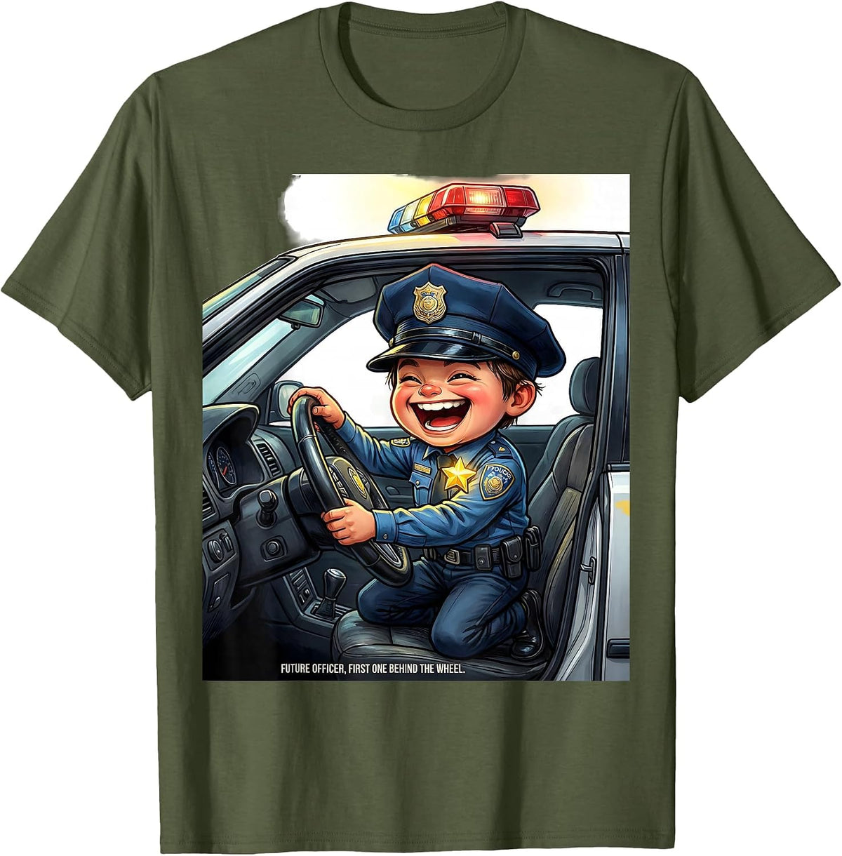Future Officer, First One Behind The Wheel Cartoon T-Shirt - Olive Green