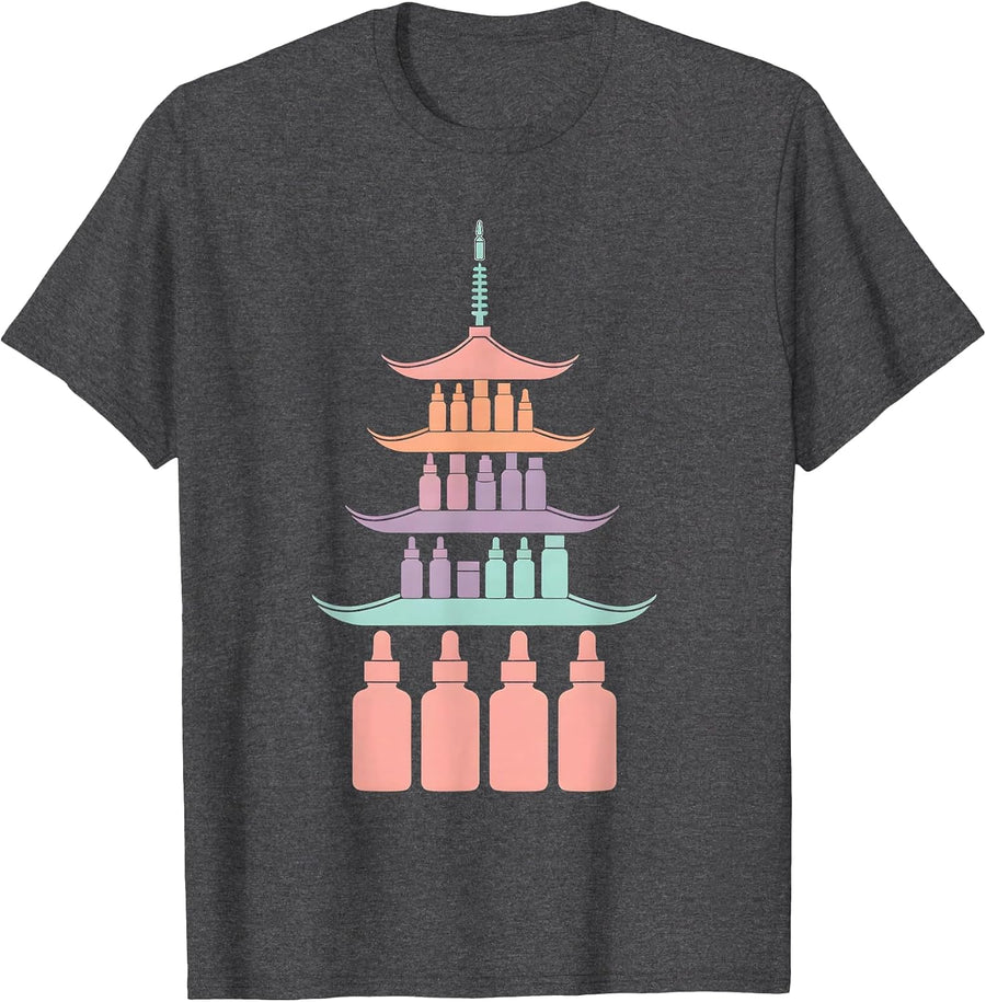 Men's K-Beauty Glass Skin Pagoda Skincare Illustration T-Shirt - Dark Heather Grey