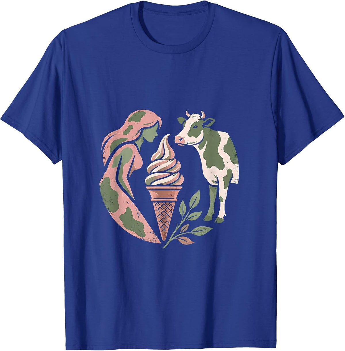 Cow Print Woman and Cow Sharing Ice Cream T-Shirt - Royal Blue