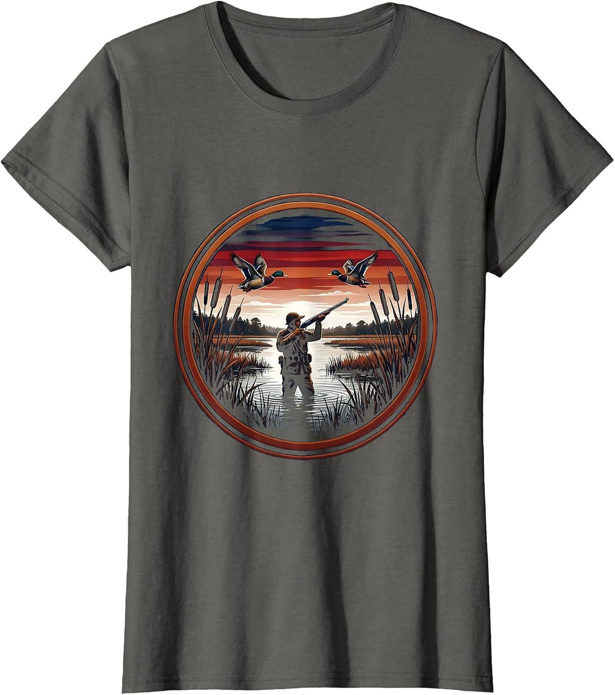 Women's Duck Hunter Rising from Marsh Reeds Illustration T-Shirt - Asphalt Grey