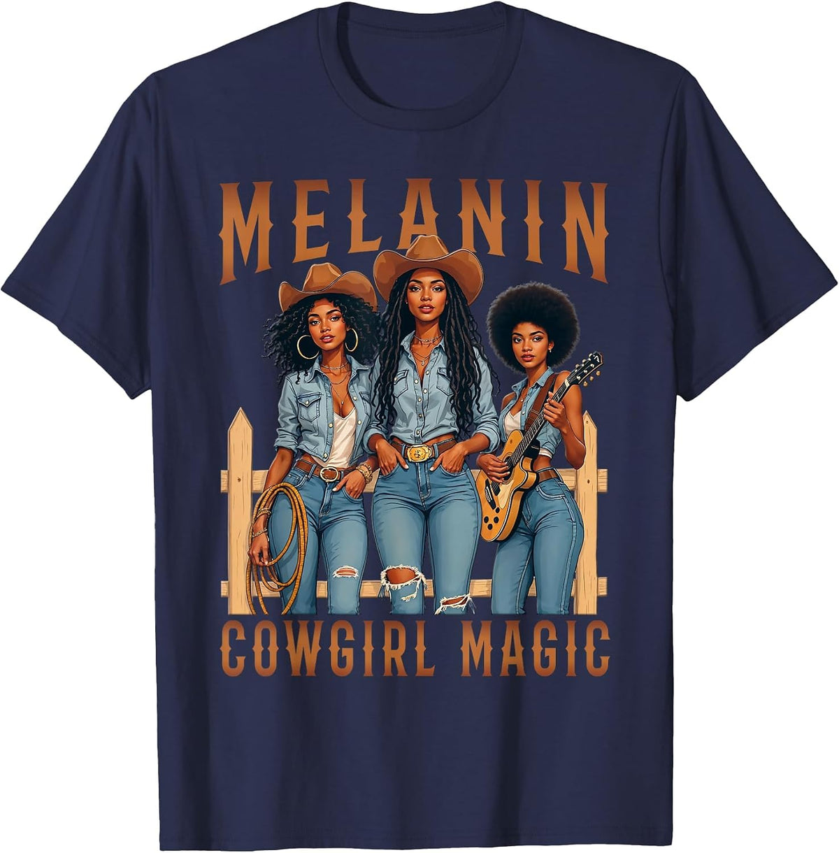 Melanin Black Cowgirl Magic Western Juneteenth Black History T-Shirt - Navy Blue