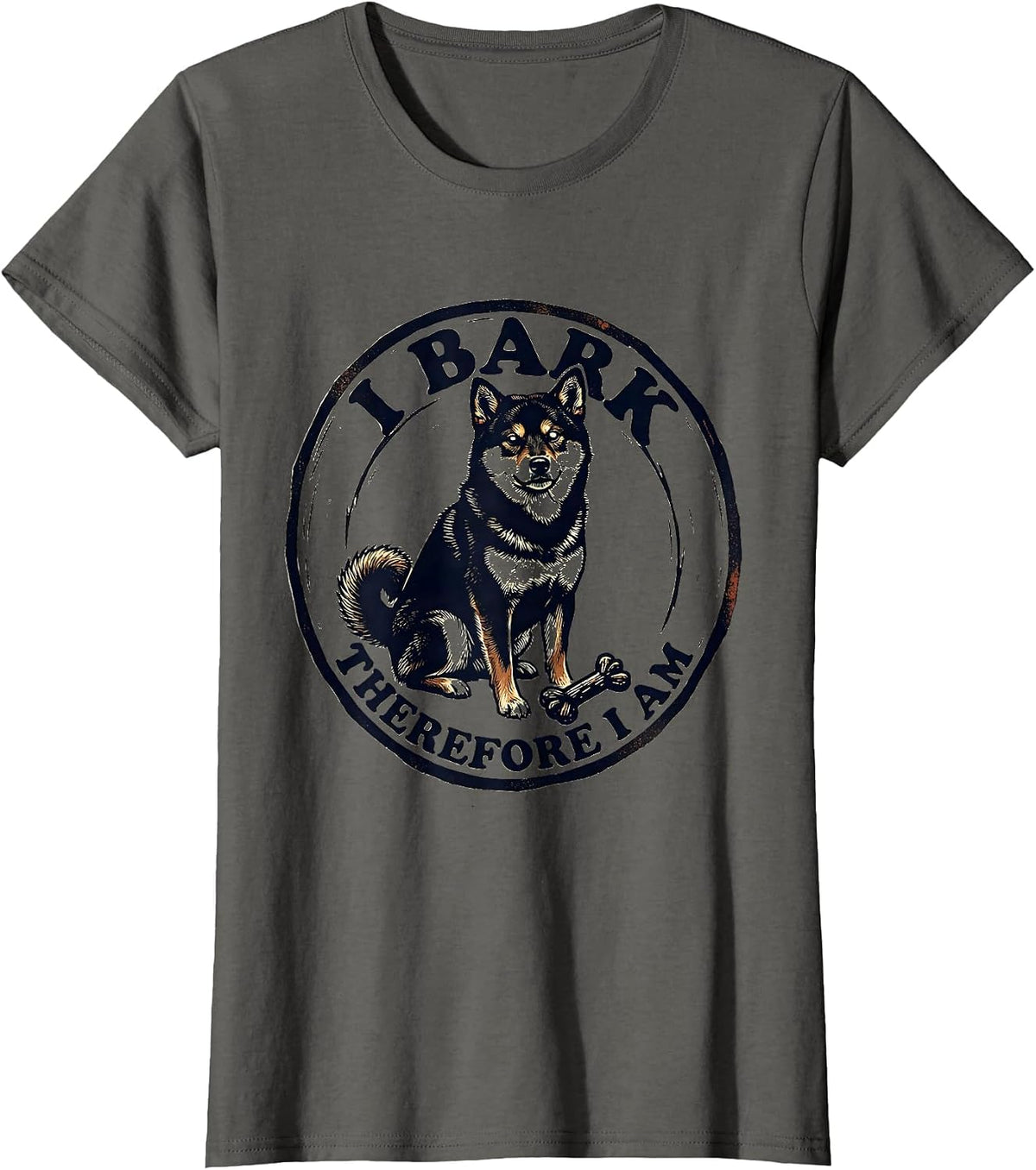 Women's I Bark Therefore I Am Funny Dog Owner Linocut Pet Lover T-Shirt - Asphalt Grey