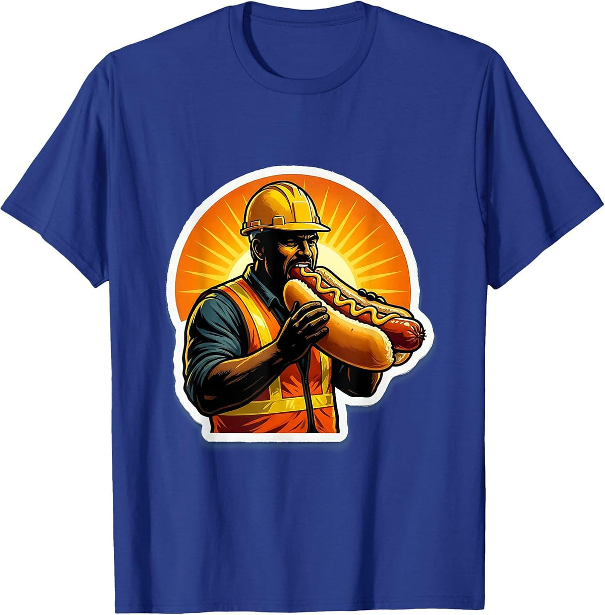 Construction Worker Hot Dog Sunrise Graphic T-Shirt - Royal Blue