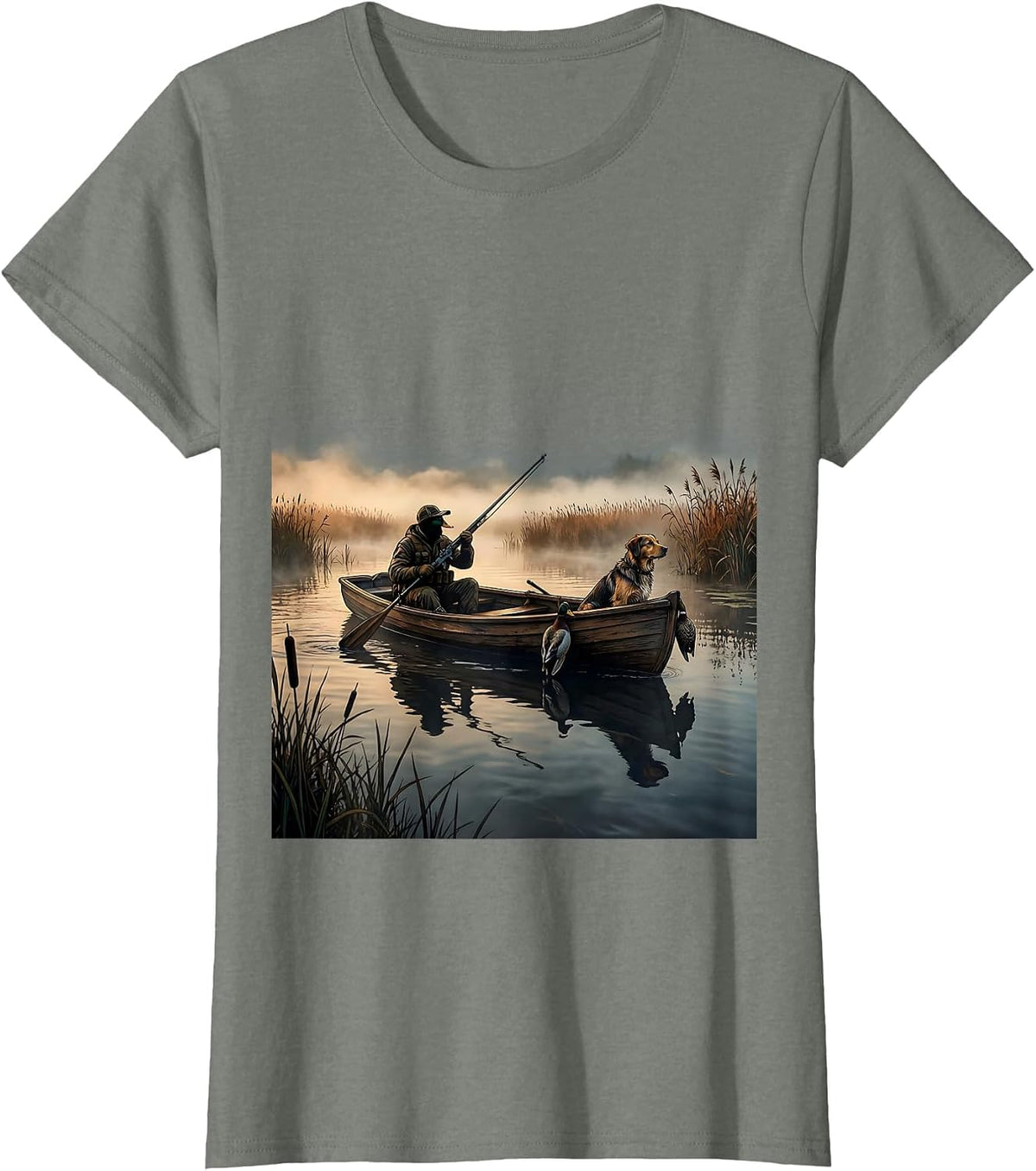 Duck Hunter Rowing Through Morning Fog Illustration T-Shirt - Olive Heather
