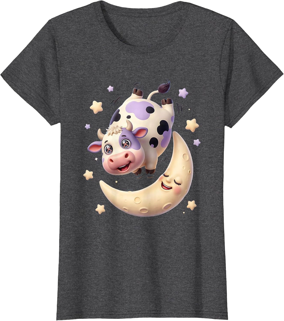 Women's Funny Cow Jumping Over the Moon Backwards T-Shirt - Dark Heather Grey