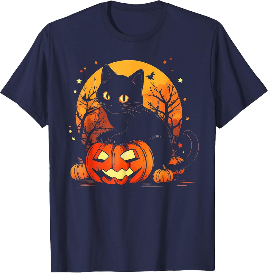 Retro Black Cat Halloween Pumpkin Costume for Women Men Kids T-Shirt - Navy Blue