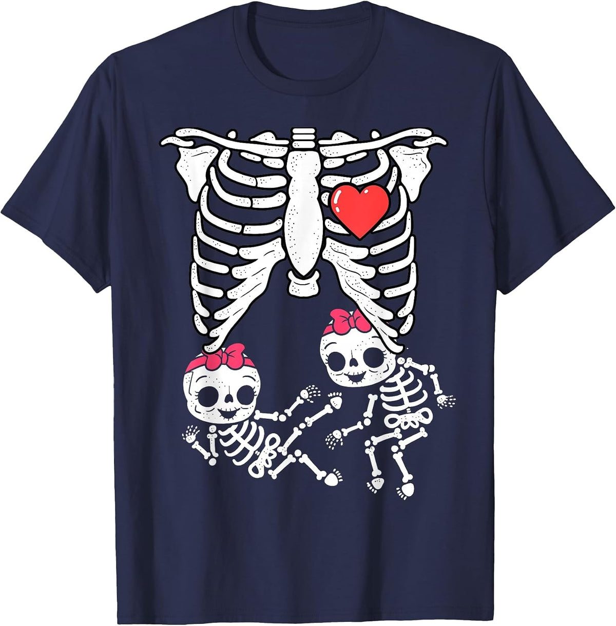 Skeleton Pregnancy Shirt Girl Twins X-Ray Pregnant Halloween T-Shirt - Navy Blue
