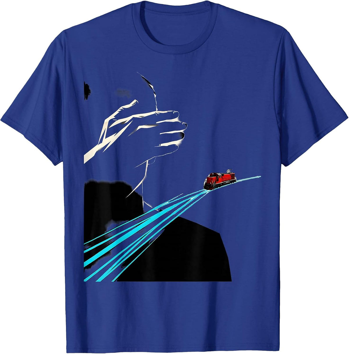 Men's Cropped Train Shading Locomotive Deadpan Humor T-Shirt - Royal Blue