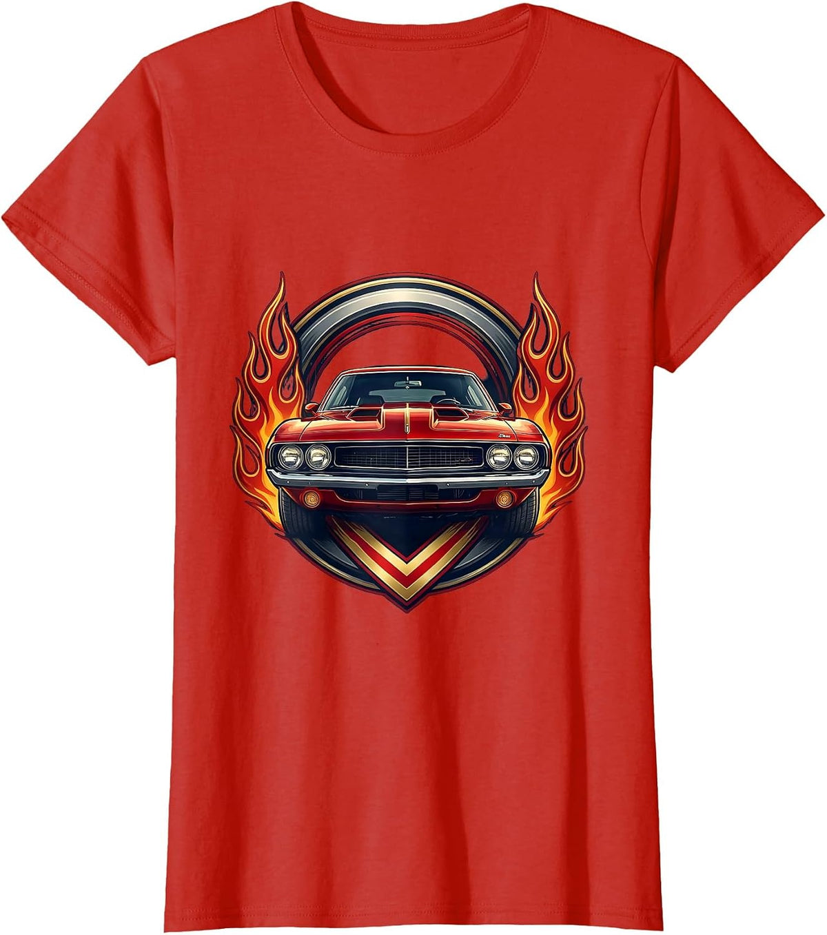 Classic Muscle Car Racing Flames American Design T-Shirt - Red