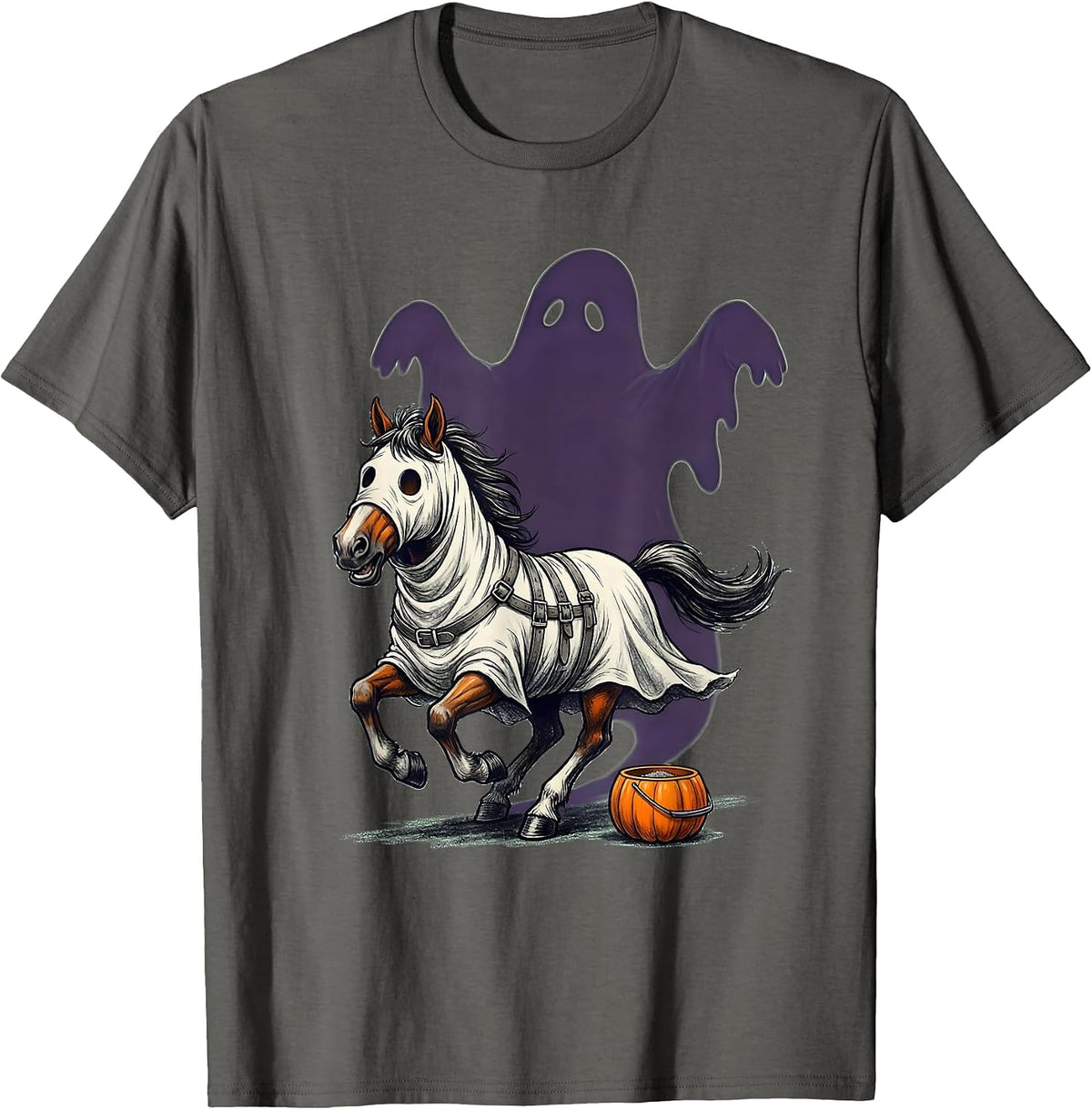 Cartoon Ghost Horse Spooky Halloween Horse Lover Humor T-Shirt - Asphalt Grey