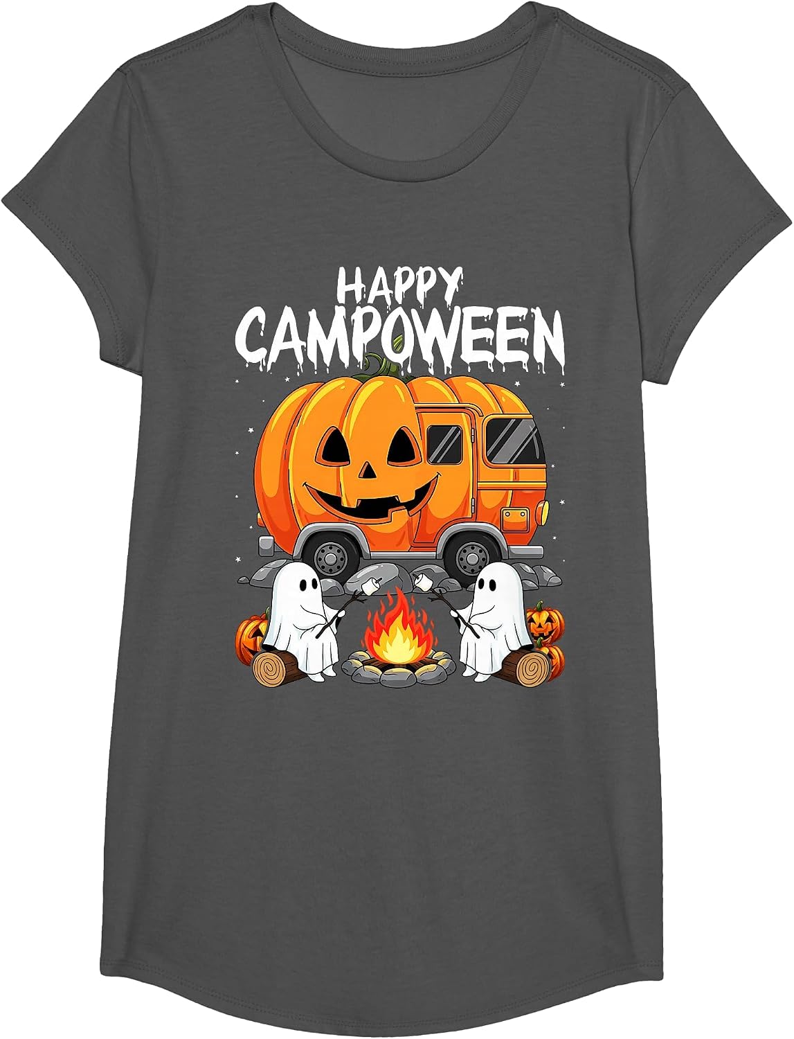 Happy Camp-O-Ween Halloween Camping Ghosts and Campfires T-Shirt - Girls Asphalt Grey