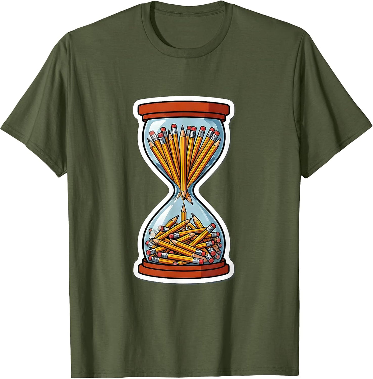 Hourglass Falling Pencils Illustration Design T-Shirt - Olive Green