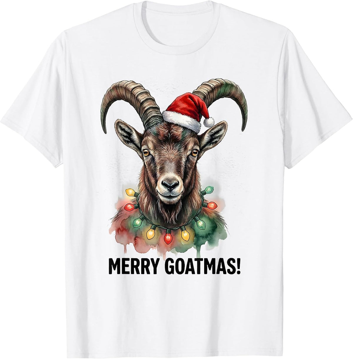 Merry Goatmas! Watercolor Goat Santa Hat Christmas Lights T-Shirt - White