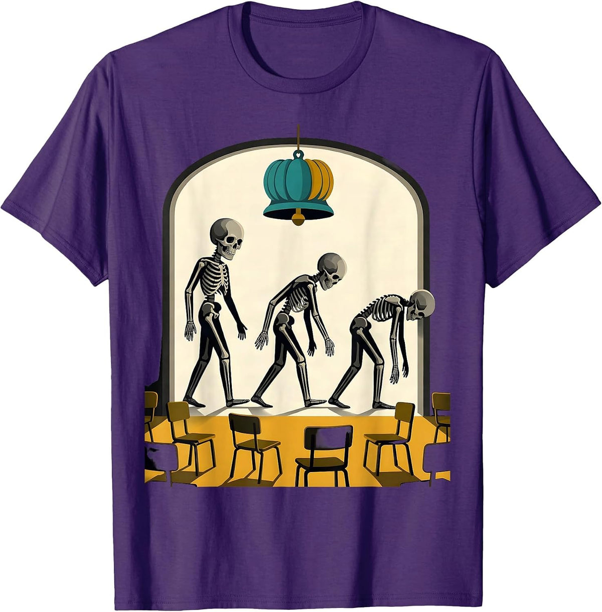 Drooping Skeleton Teacher Midcentury Modern Halloween Humor T-Shirt - Purple