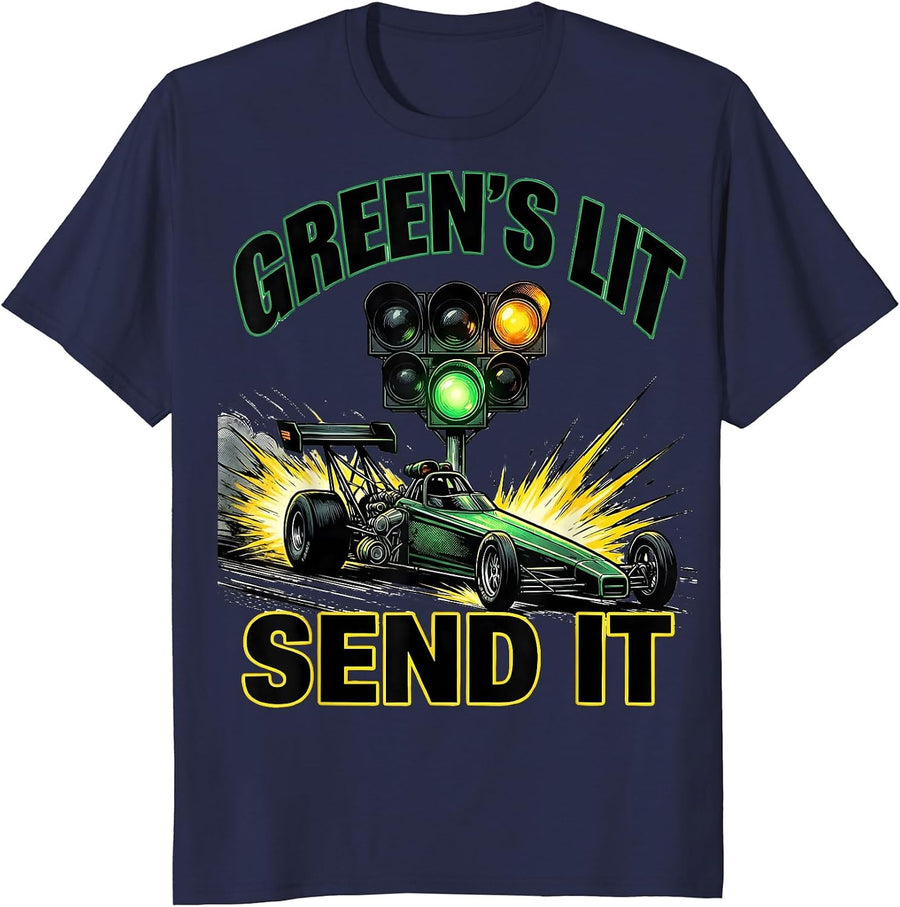 Green's Lit Send It Comic Book Drag Racing Humor T-Shirt - Navy Blue