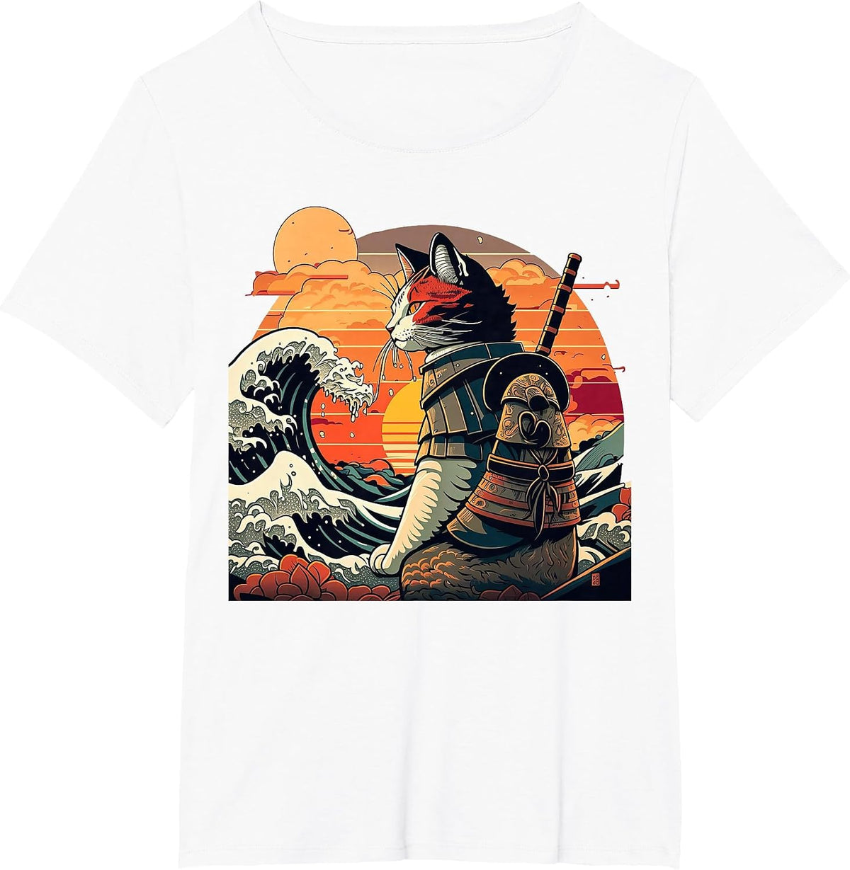 Japanese Retro Samurai cat The Great Wave by Hokusai T-Shirt - White