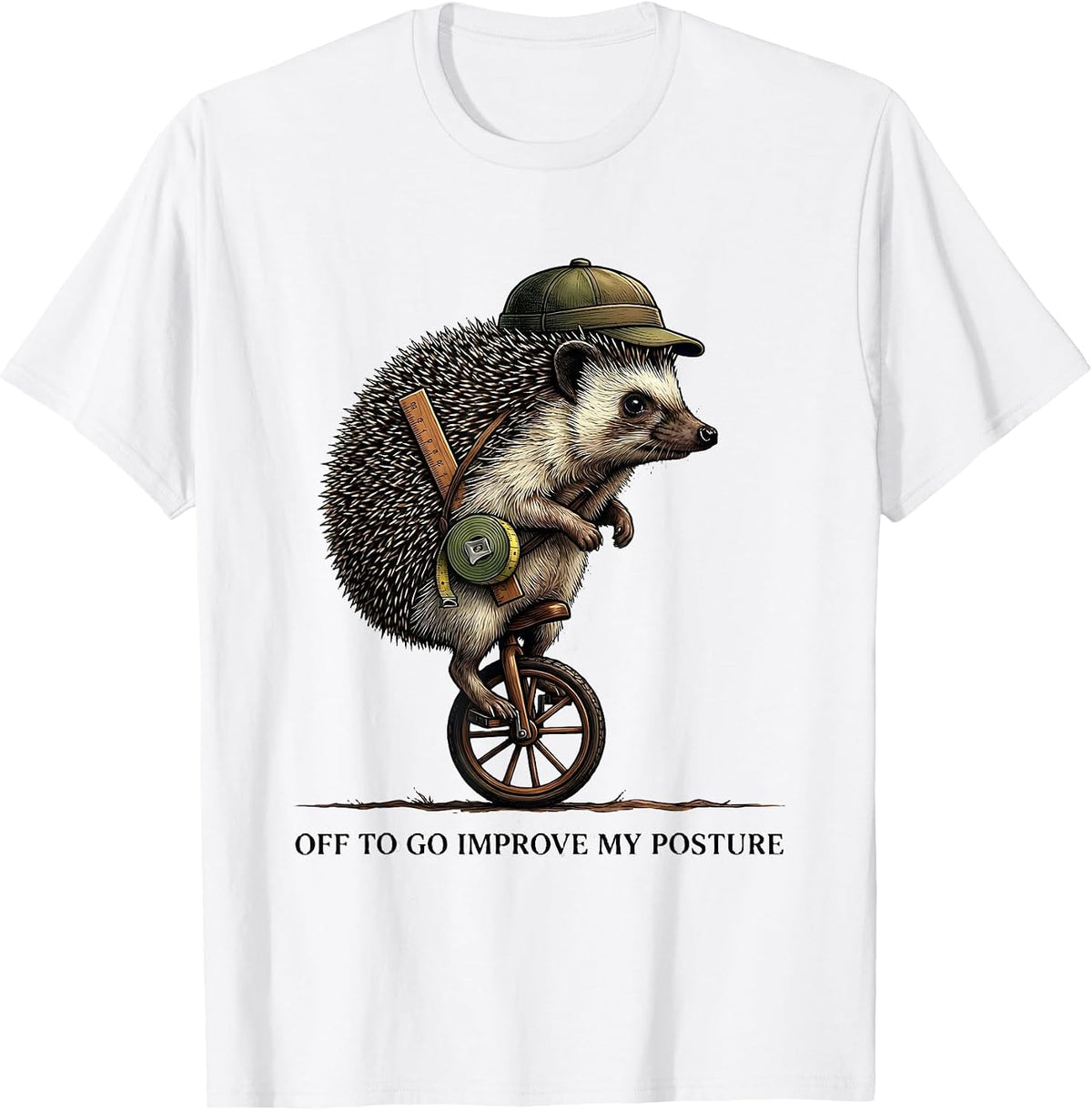 Men's Off To Go Improve My Posture Whimsical Hedgehog Meme Humor T-Shirt - White